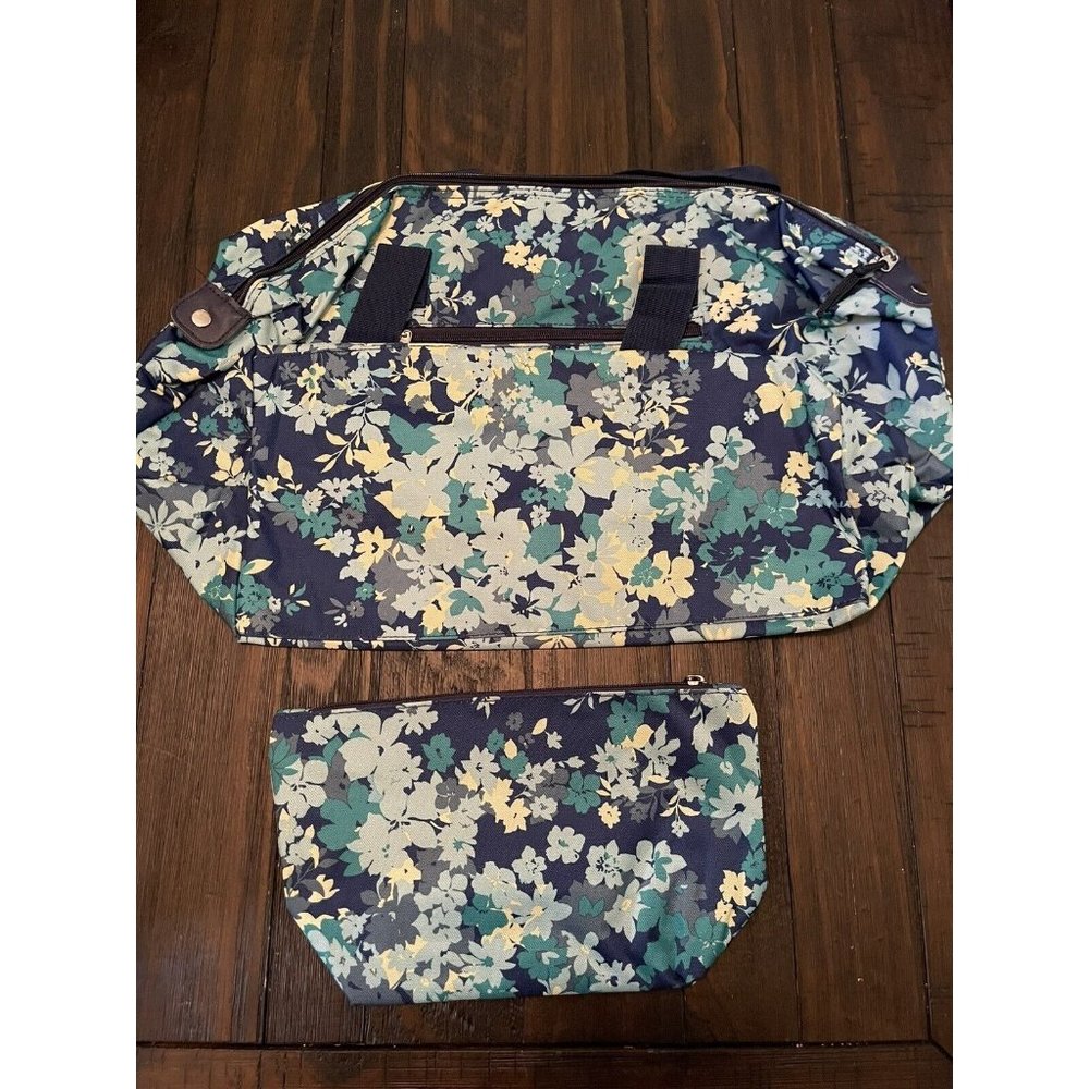 Women’s Blue Floral Overnight Travel Bag Case W/ Detached Matching Pouch 20”X12"